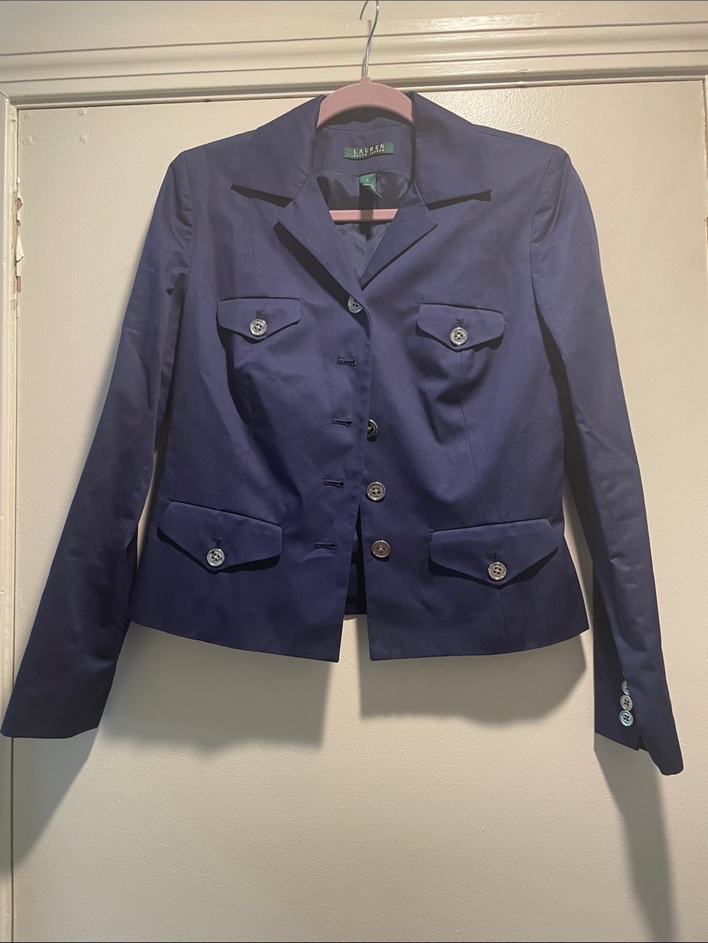 Lauren Ralph Lauren Navy Structured Silver Button Down Cropped Blazer